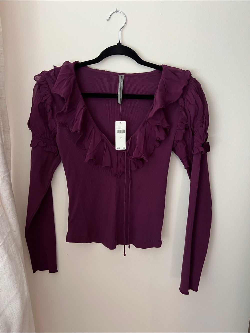 Anthropologie Ruffle V-Neck Long Sleeve Top - Plum
